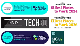 Ripe Insurance awards and accreditations: Insurance Choice Awards Best Motorhome Insurance Provider Winner 2025, Insurance Choice Awards Best British Insurance Company Winner 2024, The Sunday Times Best Places to Work 2024, The Sunday Times Best Places to Work 2026 (Medium Organisation), InsurTech 50, and MGAA Member.